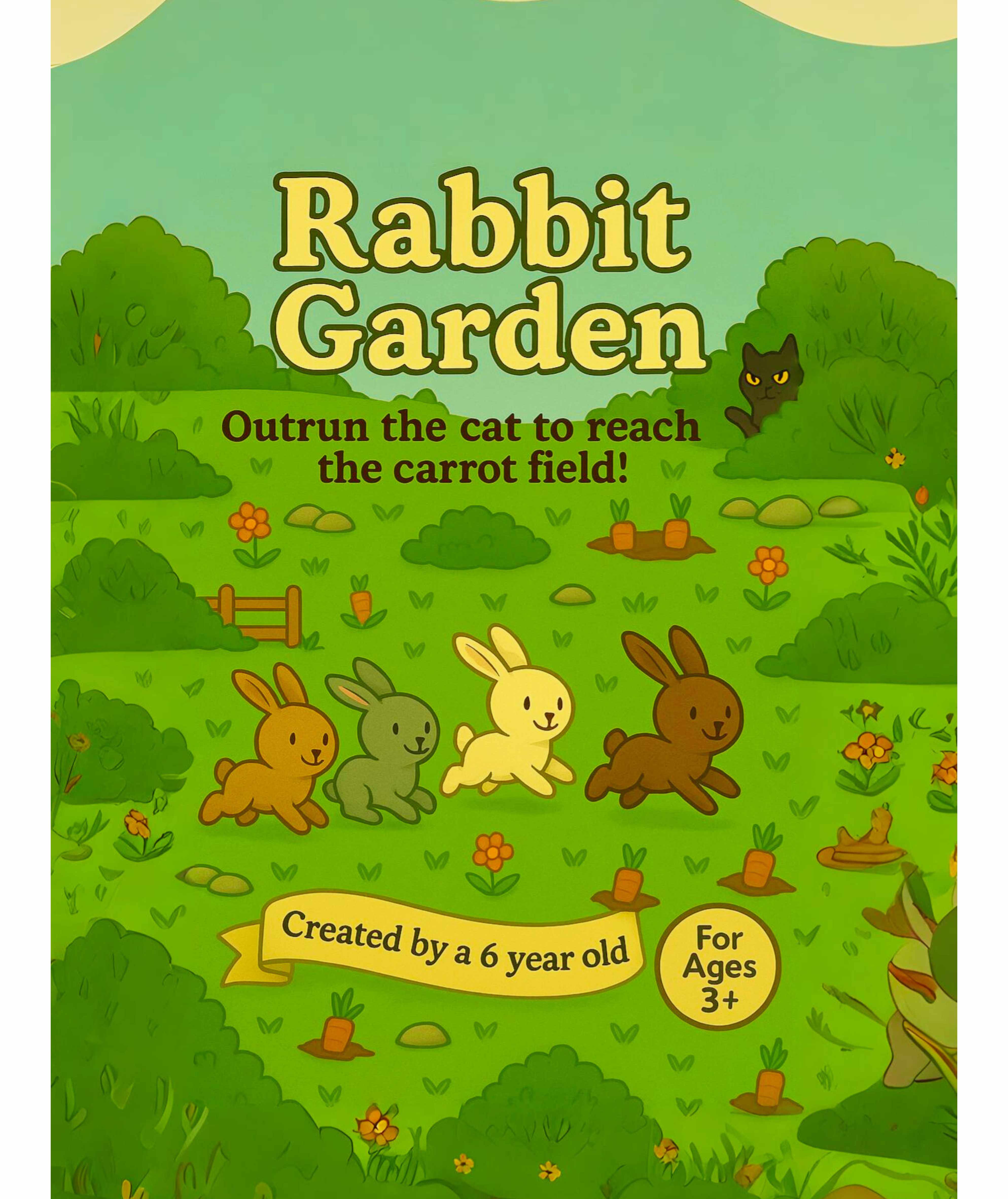 Rabbit Garden board game showing cartoon bunnies racing to the carrot field while avoiding a cat